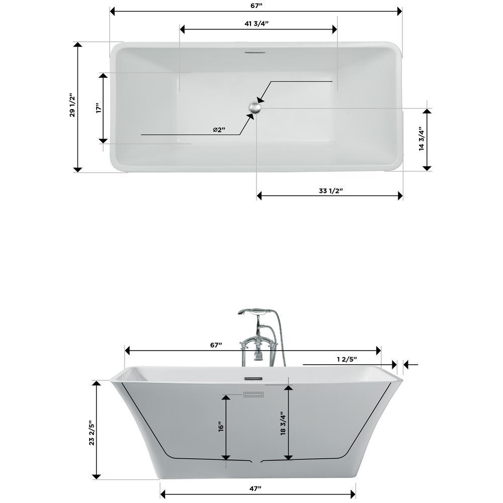 67 in. Acrylic Center Drain Rectangle Flat Bottom Freestanding Bathtub in White - Super Arbor