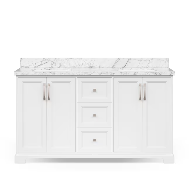 allen + roth Pittman 60-in White Undermount Double Sink Bathroom Vanity with White Engineered Calacatta Veined Engineered Stone Top