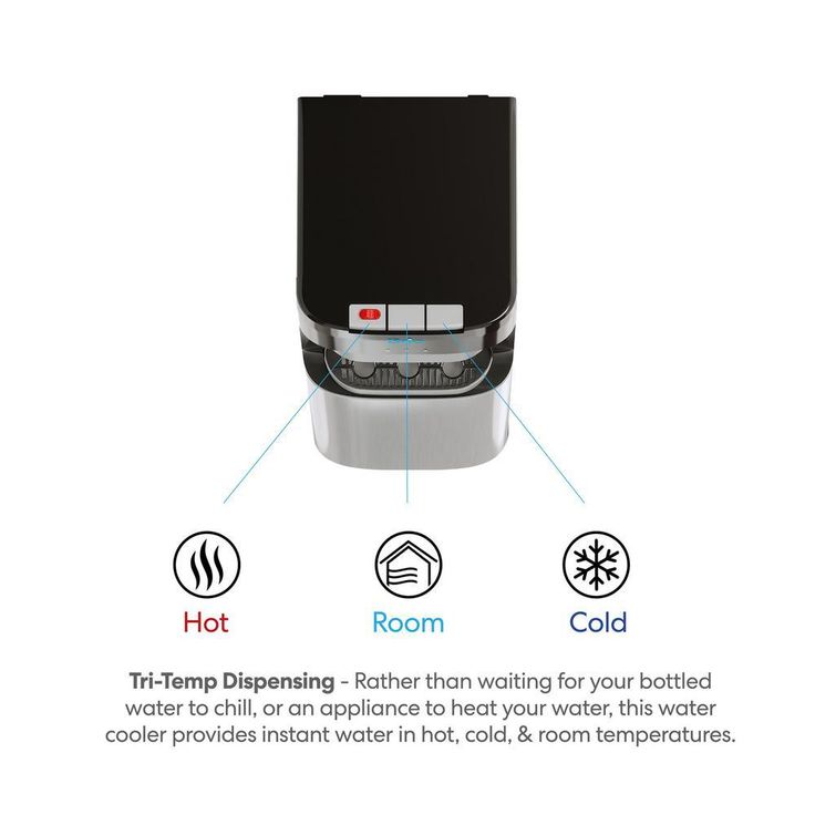 Hot Cold and Room Temp Water Dispenser Cooler Bottom Load, Tri-Temp, Black and Brush Stainless Steel, Essential Series