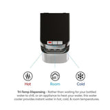 Hot Cold and Room Temp Water Dispenser Cooler Bottom Load, Tri-Temp, Black and Brush Stainless Steel, Essential Series
