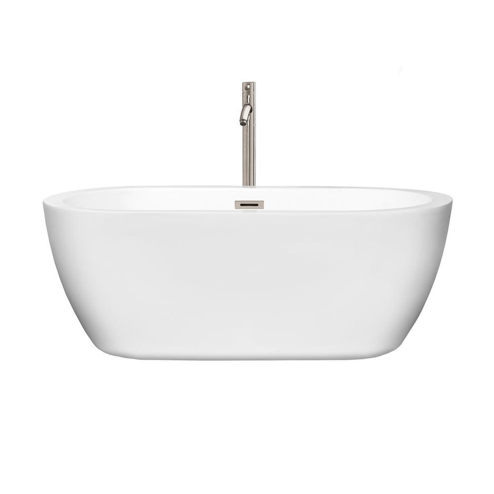 Soho 59.75 in. Acrylic Flatbottom Center Drain Soaking Tub in White with Floor Mounted Faucet in Brushed Nickel - Super Arbor