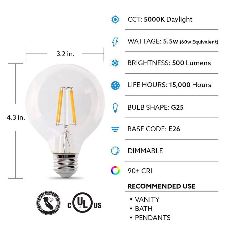 Feit Electric 60-Watt Equivalent G25 Dimmable Filament ENERGY STAR Clear Glass LED Light Bulb, Daylight (3-Pack)