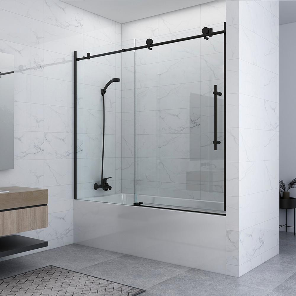 60 in. W x 59 in. H Sliding Frameless Bathtub Door in Matte Black with Clear Glass and Handle - Super Arbor