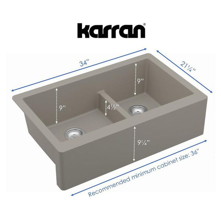 Farmhouse Concrete Apron Front Quartz Composite 34 in. Double Offset Bowl Kitchen Sink kit