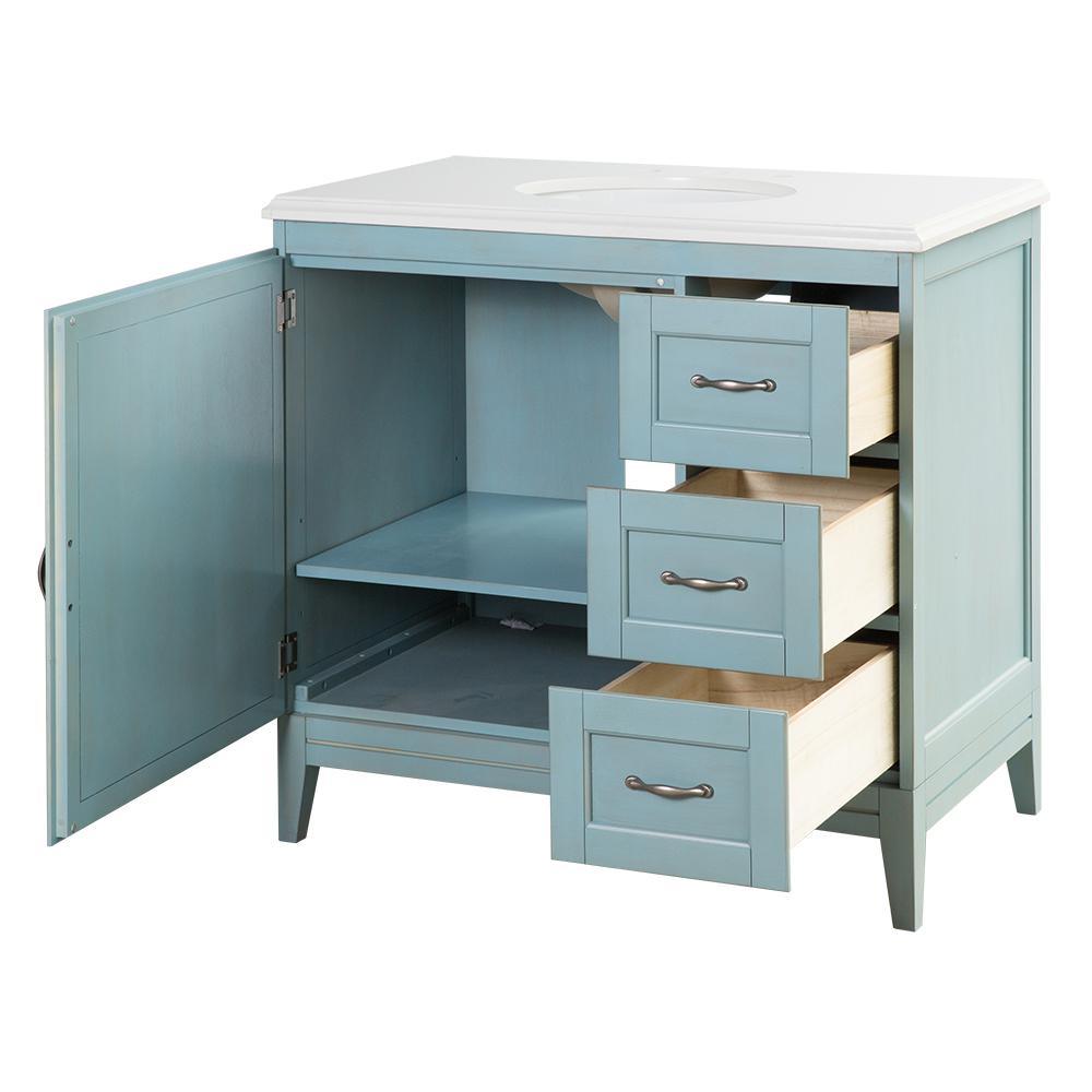 Chennai 37 in. W Single Vanity in Blue Wash with Engineered Stone Vanity Top in Crystal White with White Sink - Super Arbor