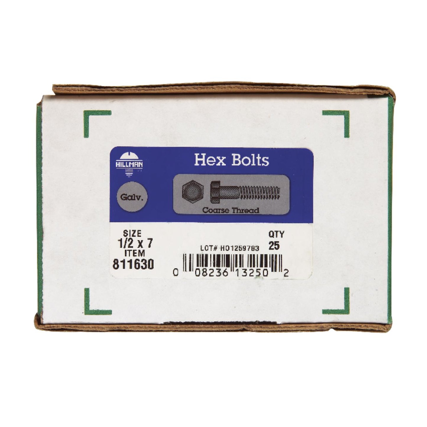 Hillman 1/2 in. Diameter x 7 in. Length Hot-Dipped Galvanized Steel Hex Bolt, Coarse Thread, 25-Pack