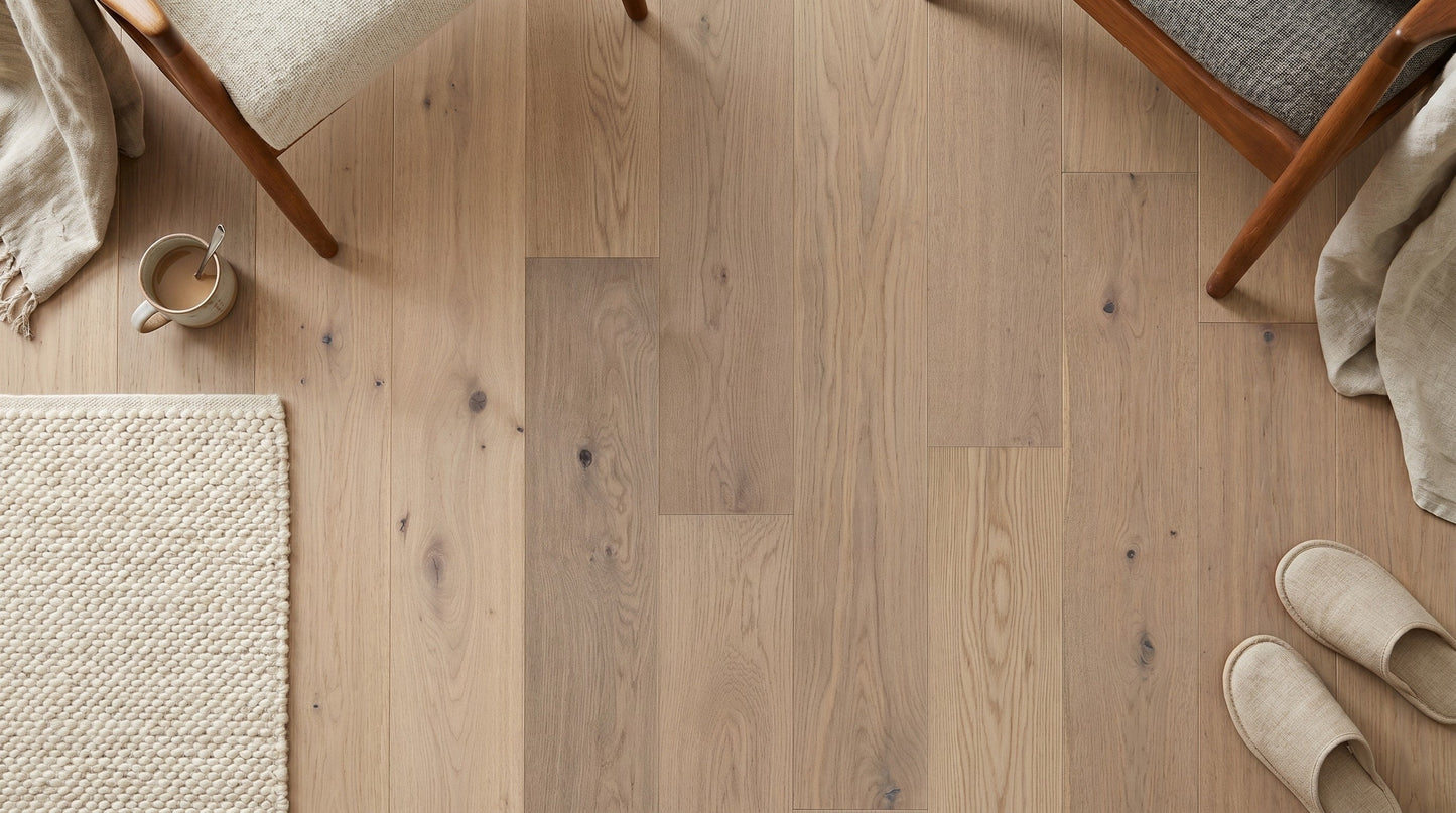 allen + roth White oak Sandy hardwood flooring — installed room view