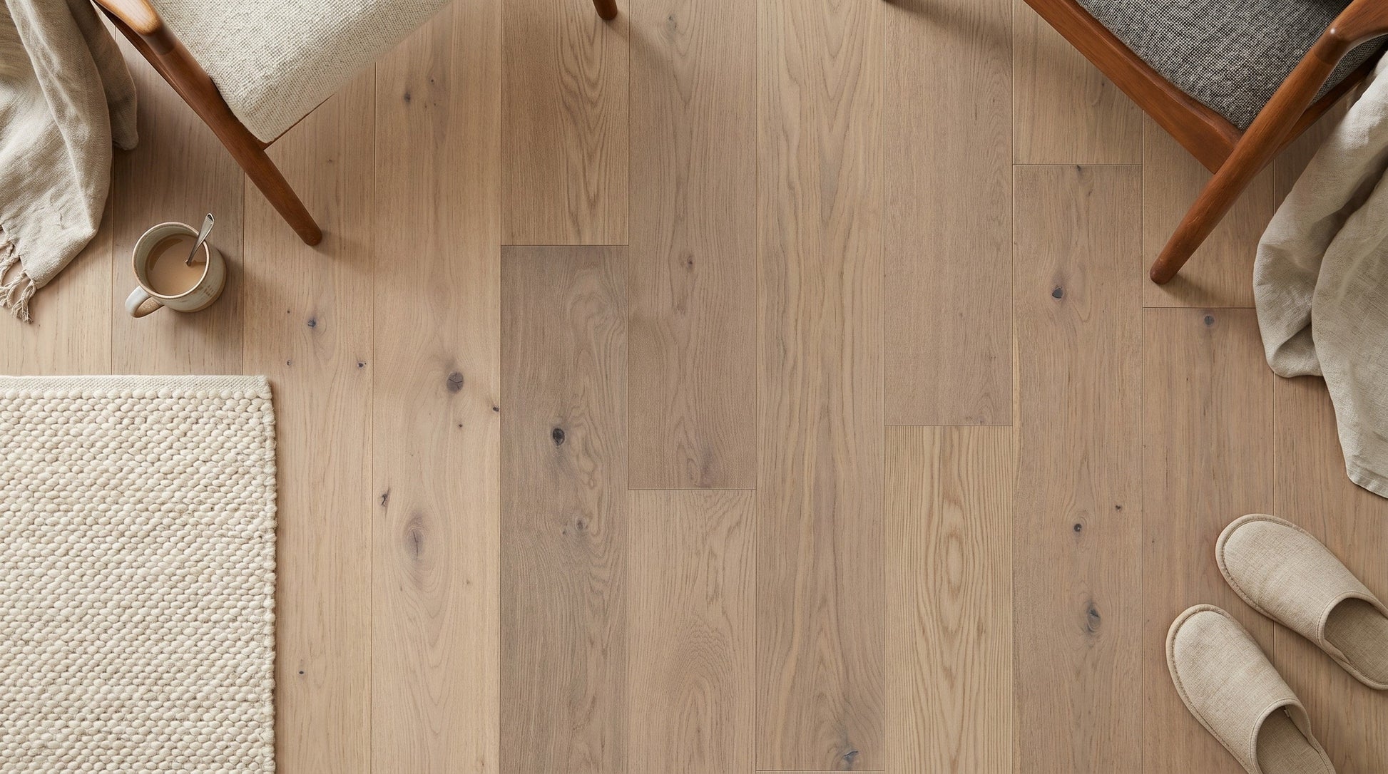 allen + roth White oak Sandy hardwood flooring — installed room view