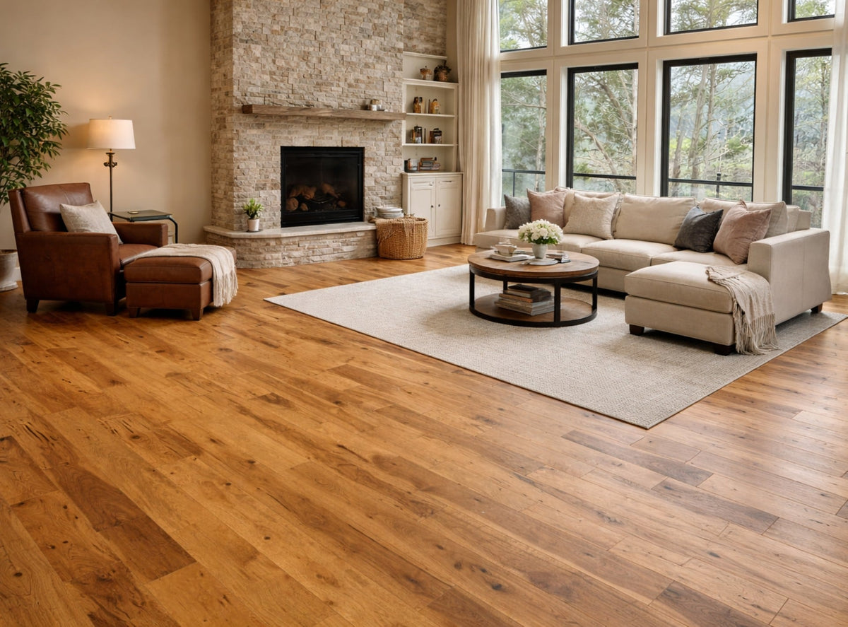 allen + roth Hickory Sugar hardwood flooring — surface grain detail
