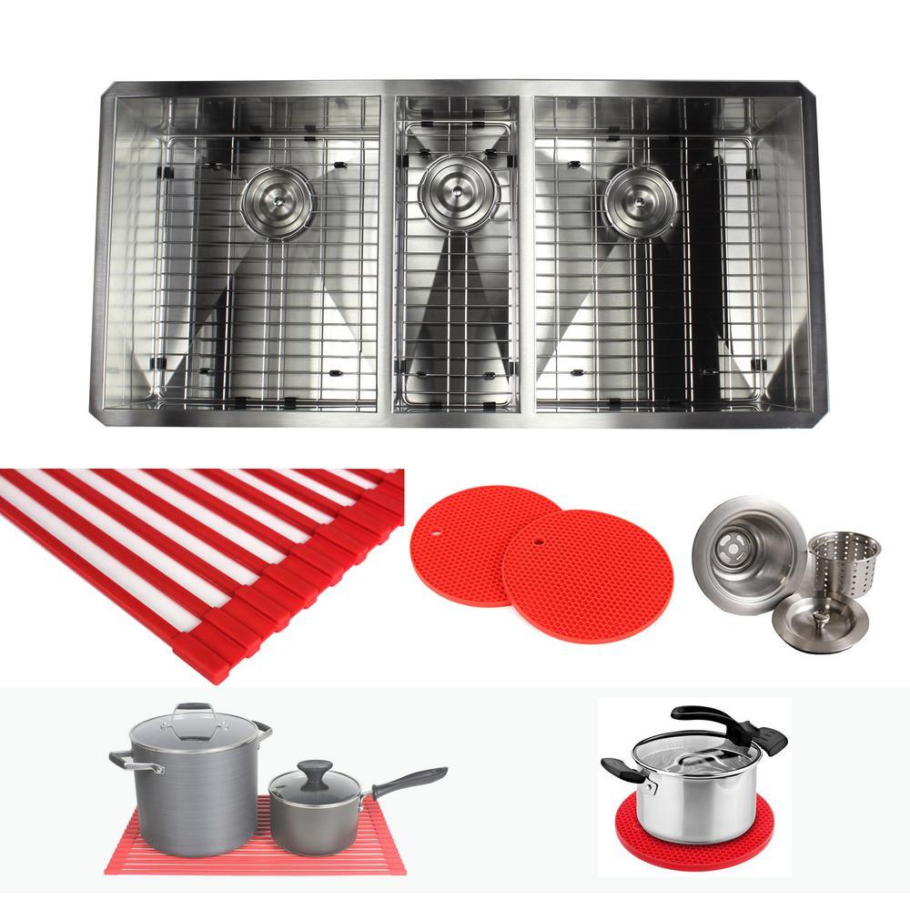 Undermount Stainless Steel 42 in. x 20 in. x 10 in. Deep 16-Gauge Triple Bowl 40/20/40 Zero Radius Kitchen Sink Combo - Super Arbor