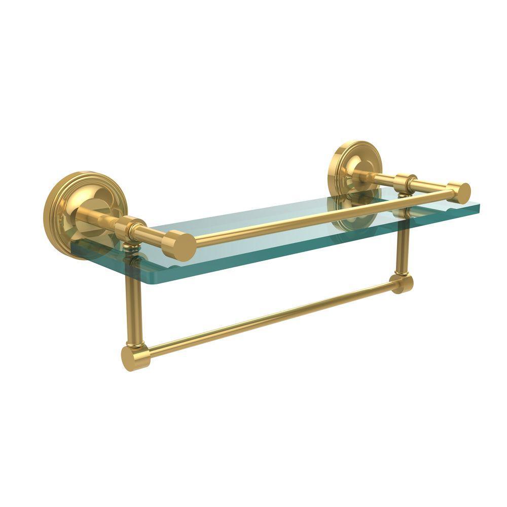 16 in. L  x 5 in. H  x 5 in. W Gallery Clear Glass Bathroom Shelf with Towel Bar in Polished Nickel - Super Arbor