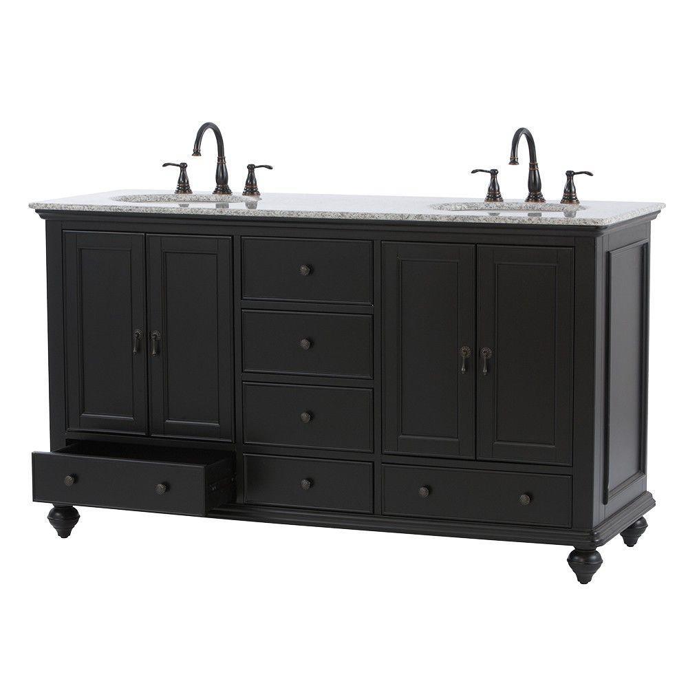 Newport 61 in. W x 21-1/2 in. D Double Bath Vanity in Black with Granite Vanity Top in Gray - Super Arbor