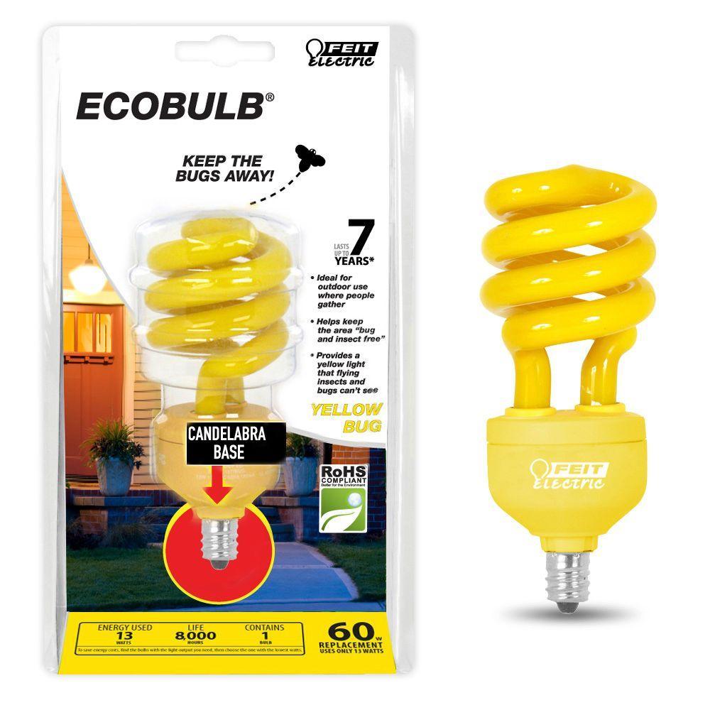 60-Watt Equivalent Yellow Colored Spiral Candelabra CFL Bug Light Bulb (Case of 12) - Super Arbor