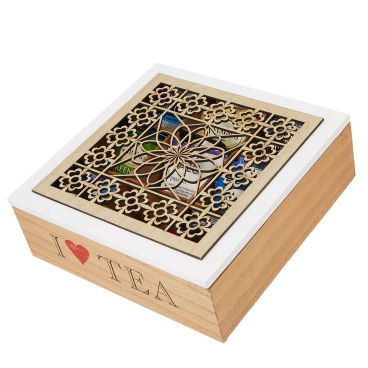 Brown Tea Box Storage Holder with Wood Floral Pattern