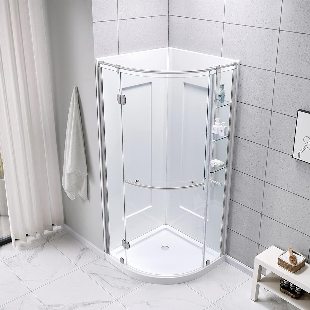 Glamour 32 in. x 76.40 in. Corner Drain Corner Shower Kit in White and Satin Nickel - Super Arbor