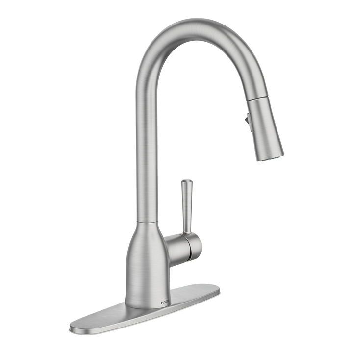 Moen Adler One‑Handle High Arc Pull‑Down Kitchen Faucet with Deck Plate, Spot Resist Stainless/Chrome/Matte Black/Mediterranean Bronze