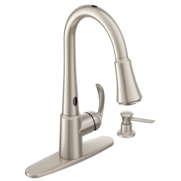 Moen Delaney with MotionSense Spot Resist Stainless 1-Handle High Arc Pull-Down Kitchen Faucet with Deck Plate and Soap Dispenser, 1.5 GPM