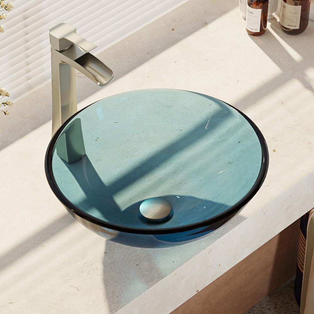 Glass Vessel Sink in Crystal with R9-7007 Faucet and Pop-Up Drain in Chrome - Super Arbor