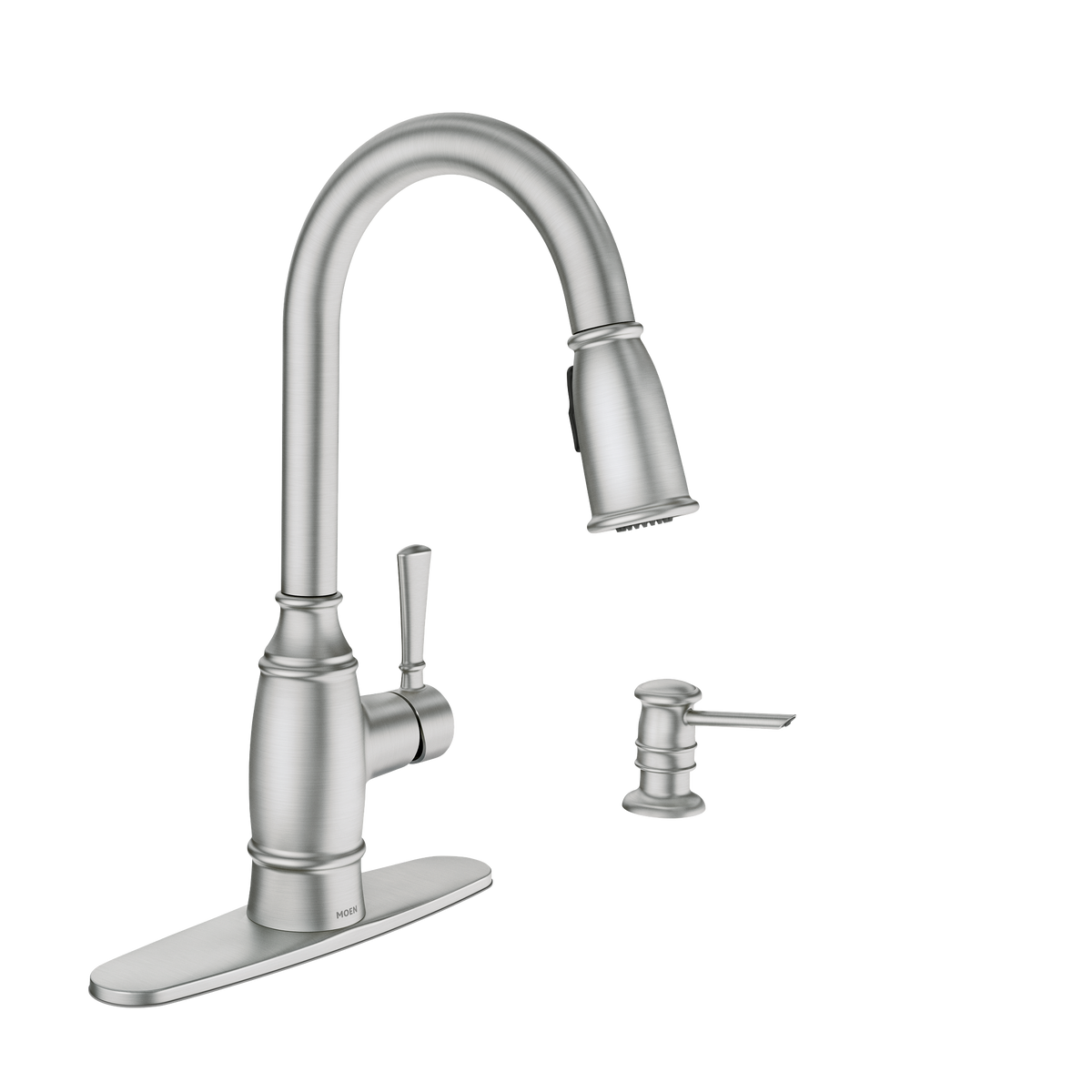 Moen Noell Single-Handle Pull-Down Kitchen Faucet with Reflex, Power Clean & Soap Dispenser – Mediterranean Bronze