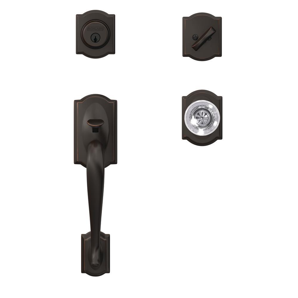 Custom Camelot Aged Bronze Single Cylinder Door Handleset with Hobson Glass Door Knob with Camelot Trim - Super Arbor