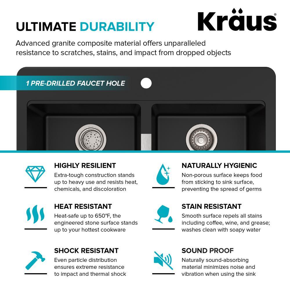 Drop-in/Undermount Granite Composite 33 in. 1-Hole 50/50 Double Basin Kitchen Sink Kit in Black Onyx - Super Arbor