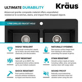 Drop-in/Undermount Granite Composite 33 in. 1-Hole 50/50 Double Basin Kitchen Sink Kit in Black Onyx - Super Arbor
