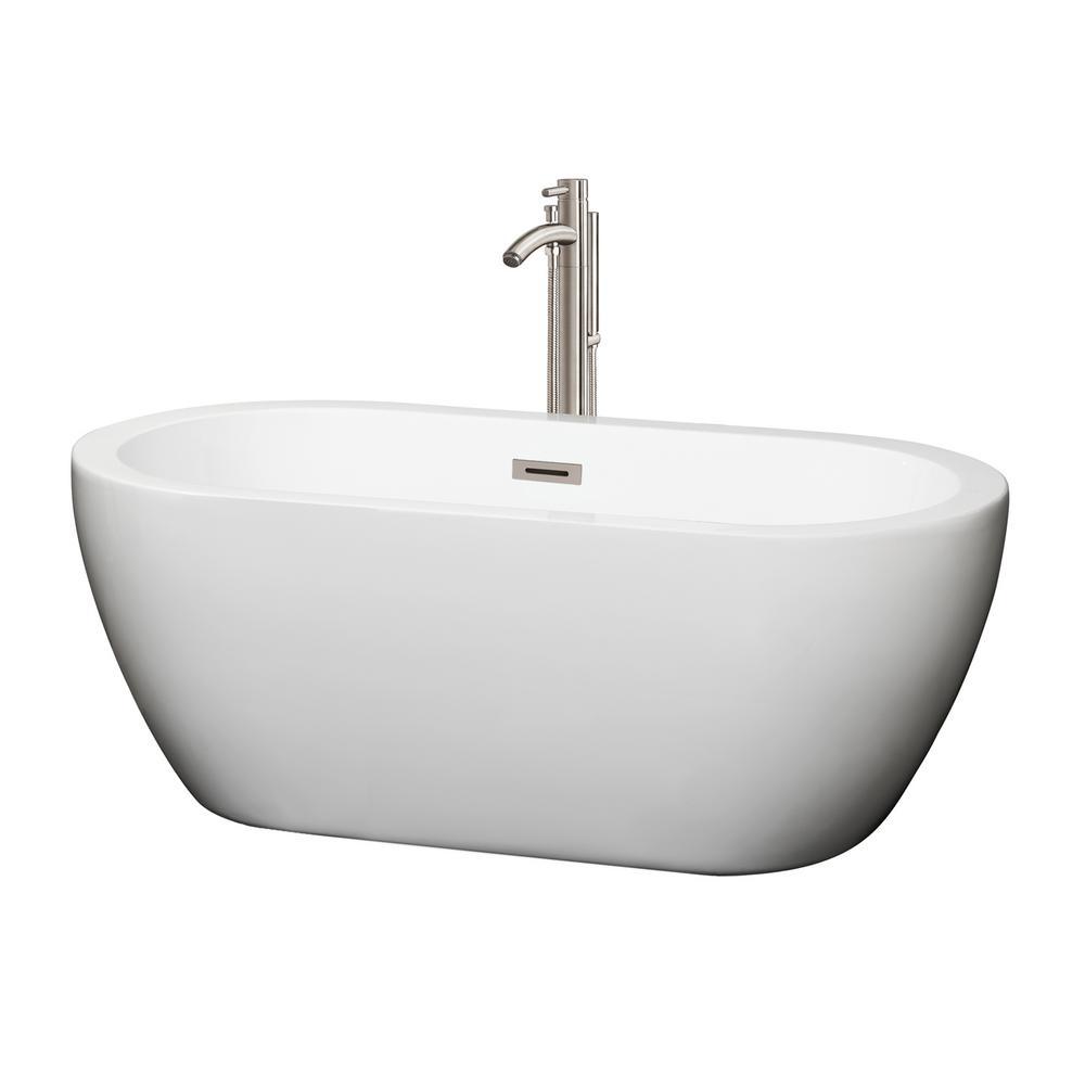 Soho 59.75 in. Acrylic Flatbottom Center Drain Soaking Tub in White with Floor Mounted Faucet in Brushed Nickel - Super Arbor