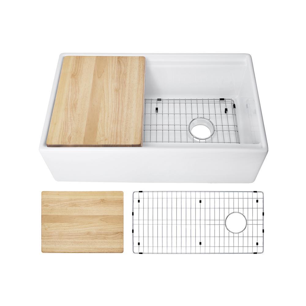 Fireclay 33 in. Single Bowl Farmhouse Apron Front Reversible Kitchen Sink in White with Cutting Board and Grid - Super Arbor