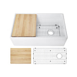 Fireclay 33 in. Single Bowl Farmhouse Apron Front Reversible Kitchen Sink in White with Cutting Board and Grid - Super Arbor