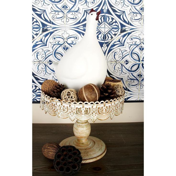 10 in. W x 9 in. H Round Whitewashed and Rust Brown Cake Stand with Cutout Bunting Overhang