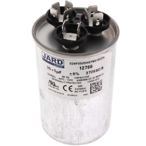 Lennox 89M73 capacitor - front view (Voltage: 370V; MFD: 35/5)
