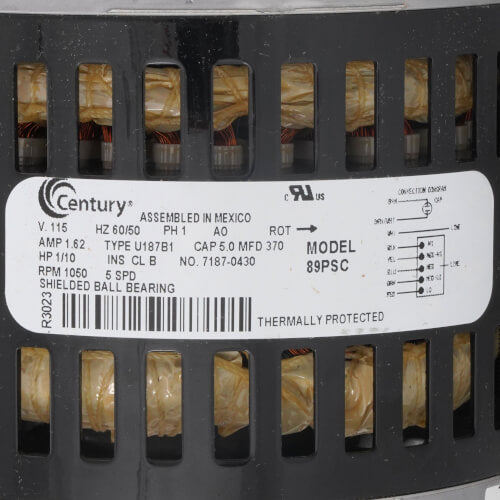 Century 89PSC blower motor - label view (Type: Shaded Pole; Voltage: 115V)
