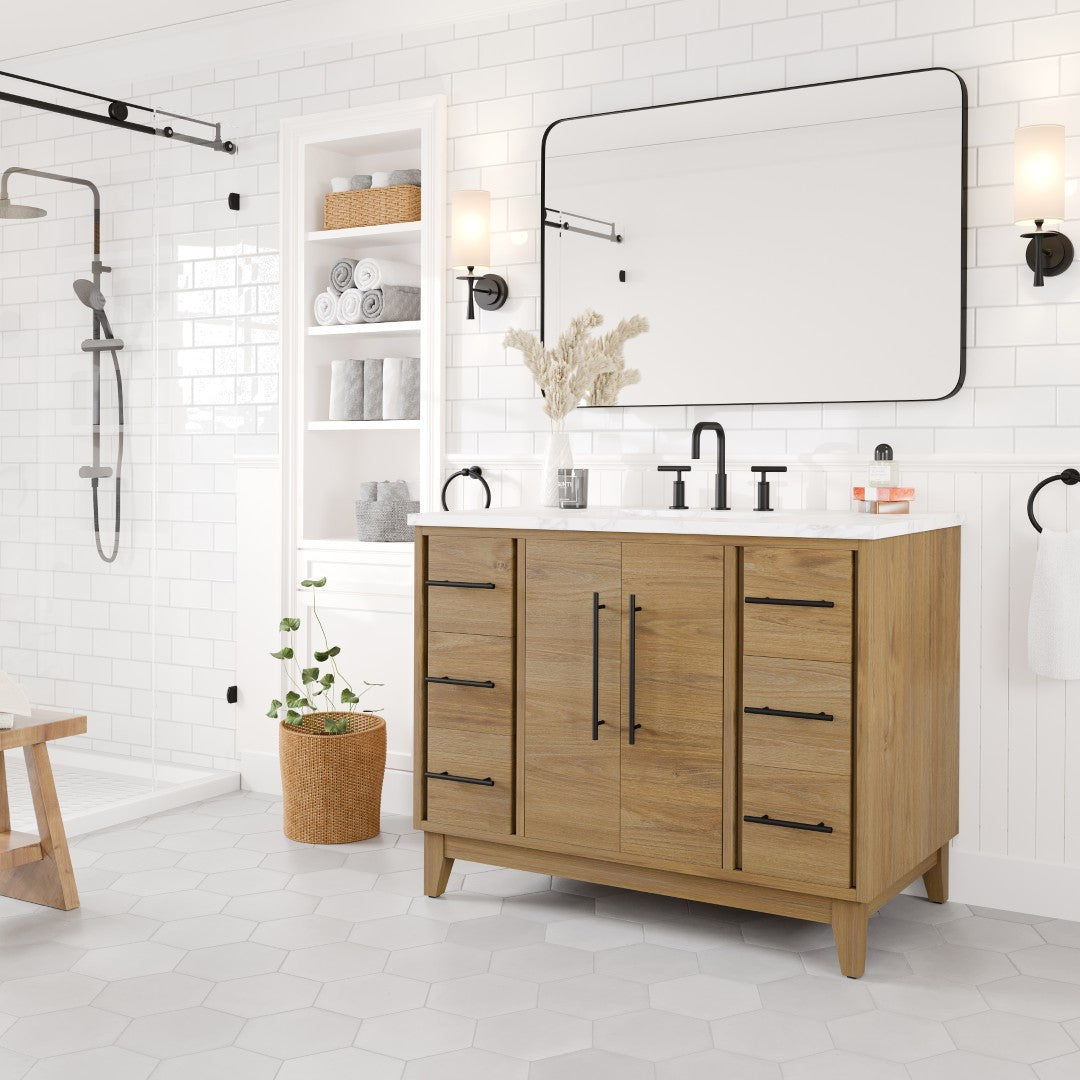 Eviva Graham 42"W x 22"D Oak Bathroom Vanity with White Arabescato Engineered Stone Countertop and Undermount Ceramic Sink