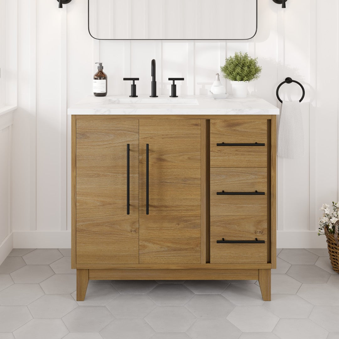 Eviva Graham 36"W x 22"D Oak Bathroom Vanity with White Arabescato Engineered Stone Countertop and Undermount Ceramic Sink