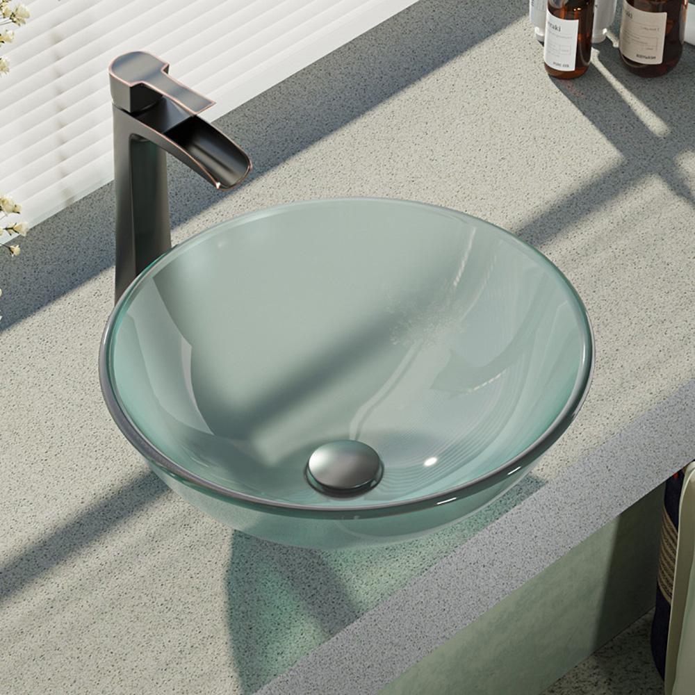 Glass Vessel Sink in Crystal with R9-7007 Faucet and Pop-Up Drain in Chrome - Super Arbor