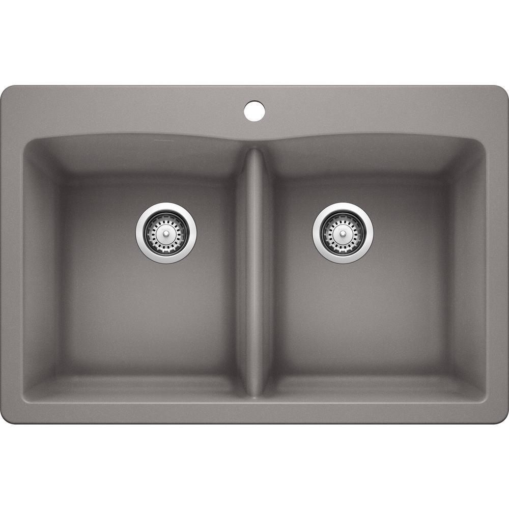 DIAMOND Dual Mount Granite Composite 33 in. 1-Hole 50/50 Double Bowl Kitchen Sink in White - Super Arbor