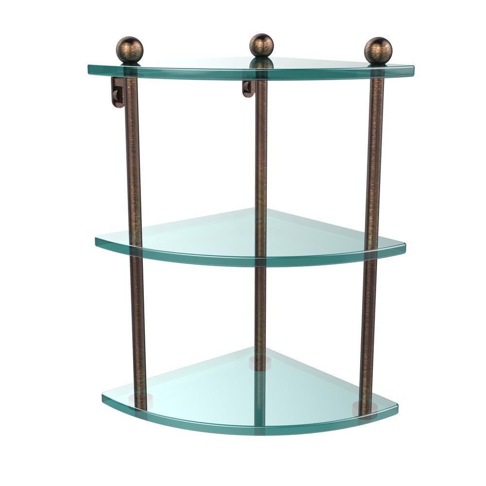 8 in. L  x 15 in. H  x 8 in. W 3-Tier Corner Clear Glass Bathroom Shelf in Satin Nickel - Super Arbor