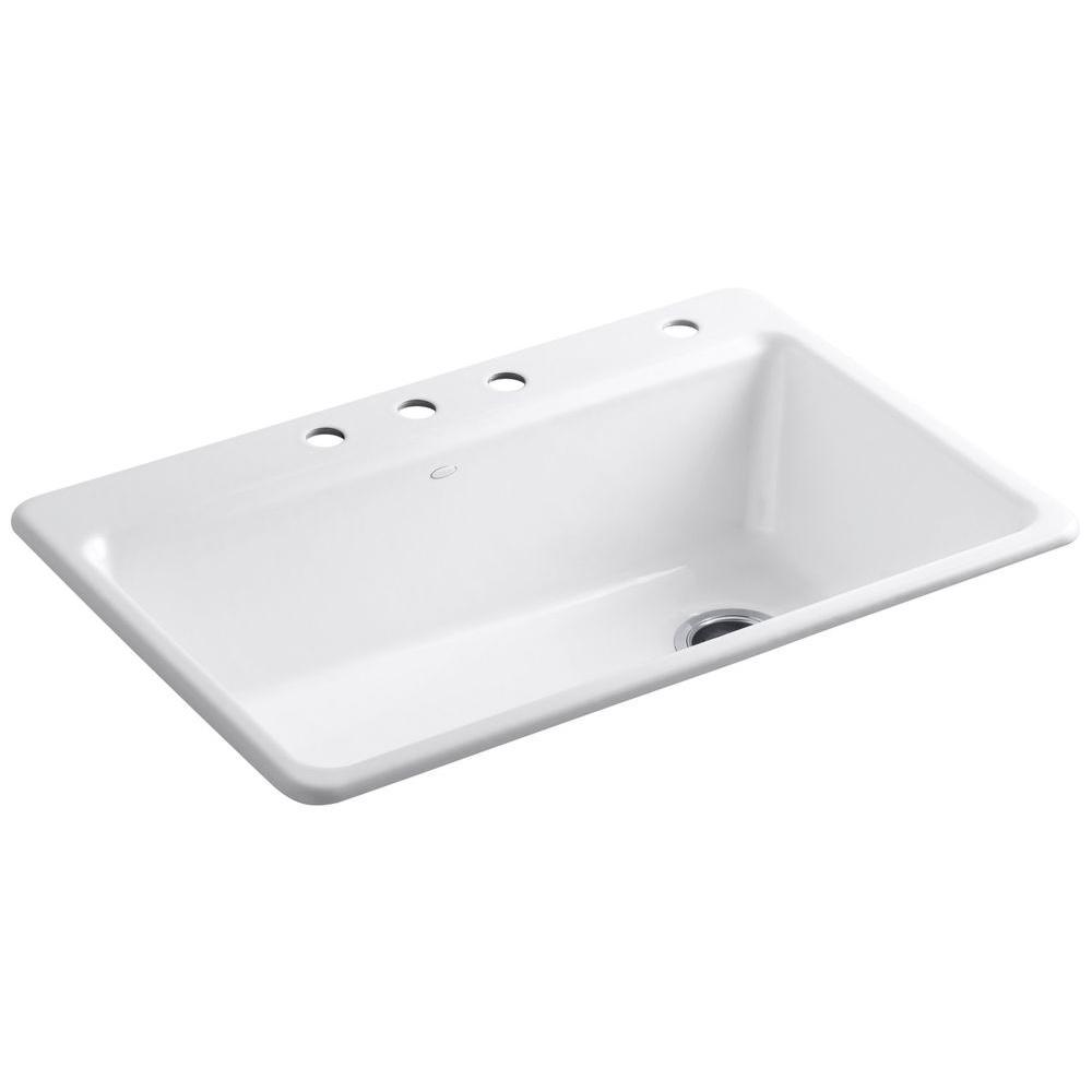 Riverby Workstation Drop-In Cast Iron 33 in. 4-Hole Single Bowl Kitchen Sink Kit with Included Accessories in White - Super Arbor