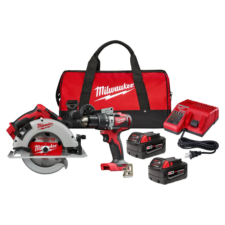 Milwaukee M18 18V Brushless Cordless Hammer Drill & 7-1/4 in. Circular Saw Combo Kit (2-Tool) with (2) 4.0Ah Batteries, Charger & Bag
