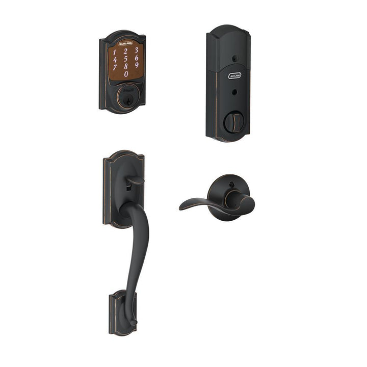 Camelot Aged Bronze Sense Smart Deadbolt and Camelot Handleset with Accent Lever with Camelot Trim - Super Arbor