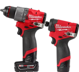 Milwaukee M18 18V Brushless Cordless Compact Drill/Impact Driver 2‑Tool Combo Kit with 15‑Piece SHOCKWAVE RED HELIX Titanium Drill Bit Set