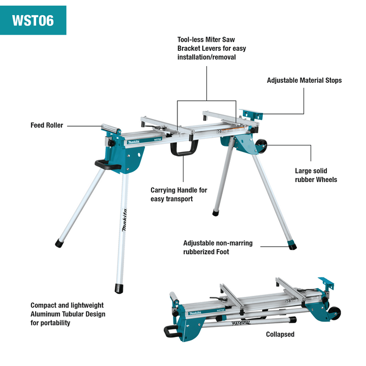 Makita WST06 Compact Folding Miter Saw Stand, Aluminum, 100-1/2 in. Extensions, 500 lb Capacity