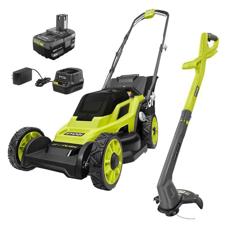 RYOBI 13 in. ONE+ 18-Volt Lithium-Ion Battery Walk Behind Push Lawn Mower & String Trimmer - 4.0 Ah Battery/Charger Included