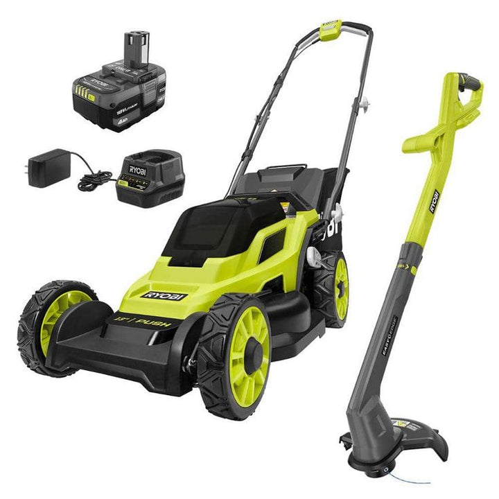RYOBI 13 in. ONE+ 18-Volt Lithium-Ion Battery Walk Behind Push Lawn Mower & String Trimmer - 4.0 Ah Battery/Charger Included