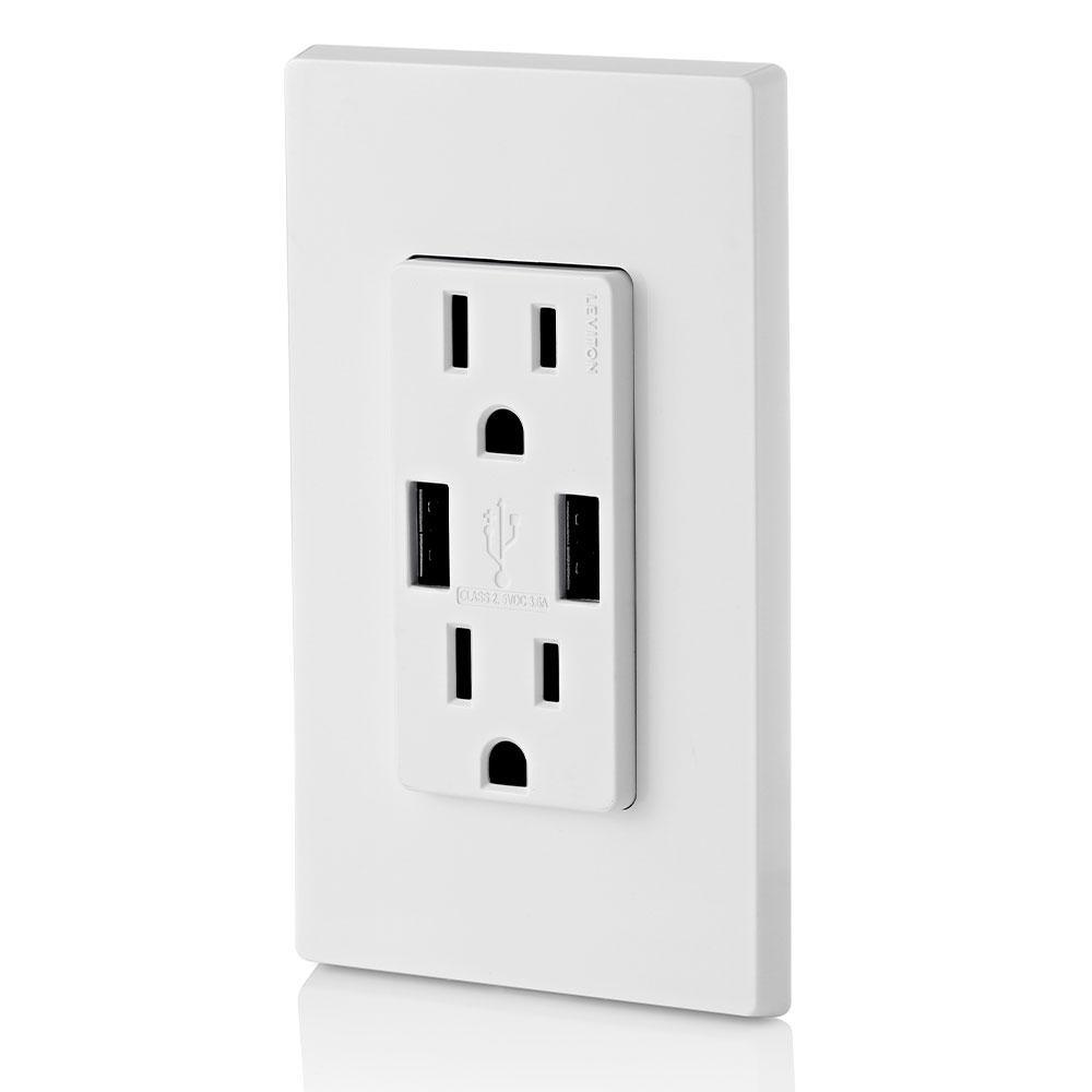 3.6A USB Dual Type A In-Wall Charger with 15 Amp Tamper-Resistant Outlets, White - Super Arbor