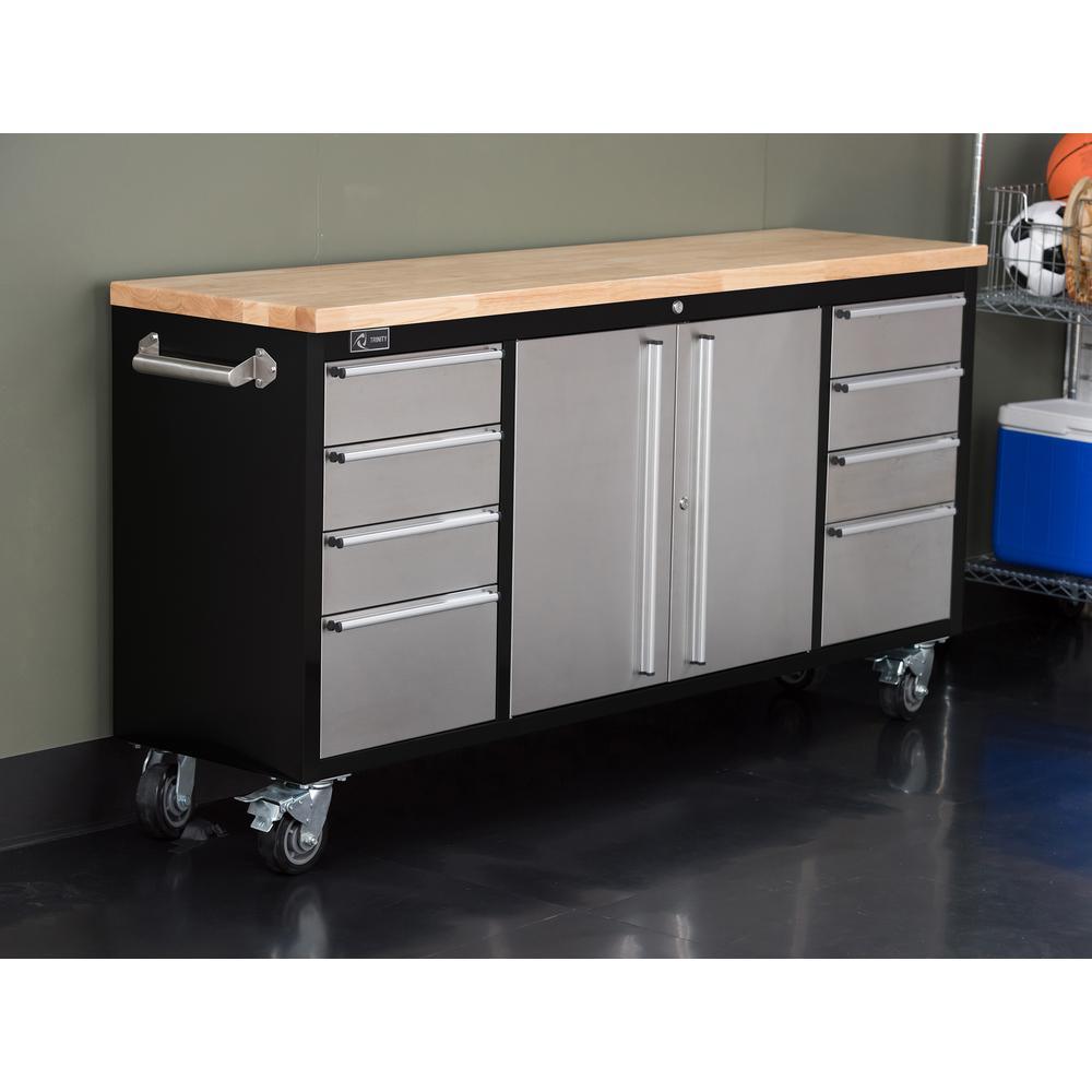 72 in. 8-Drawer Black Rolling Mobile Workbench with Stainless Steel Face - Super Arbor