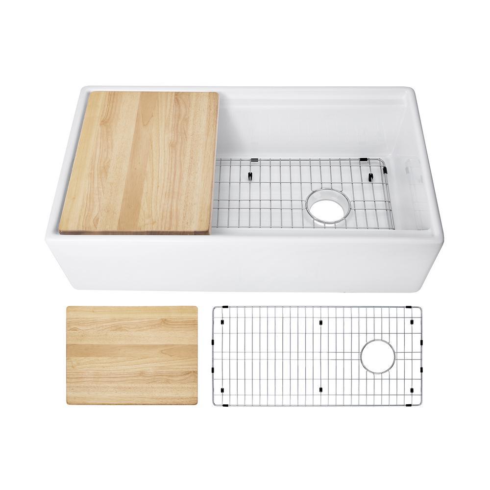 Fireclay 33 in. Single Bowl Farmhouse Apron Front Reversible Kitchen Sink in White with Cutting Board and Grid - Super Arbor