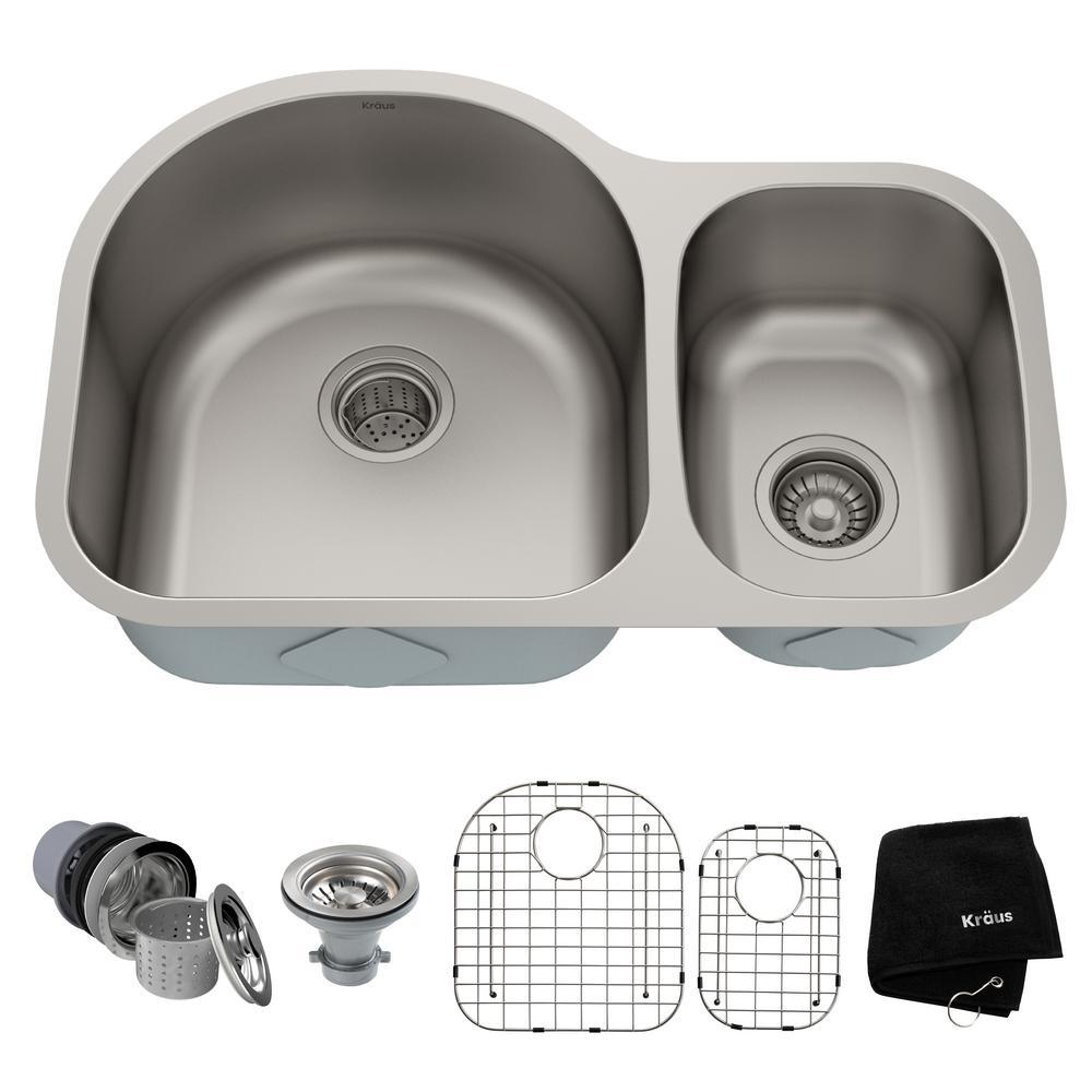 Premier Undermount Stainless Steel 32 in. 60/40 Double Bowl Kitchen Sink - Super Arbor