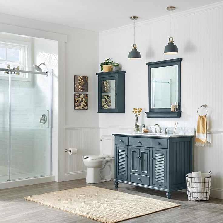 29.00 in. W x 36.00 in. H Framed Rectangular Beveled Edge Bathroom Vanity Mirror in Harbor Blue