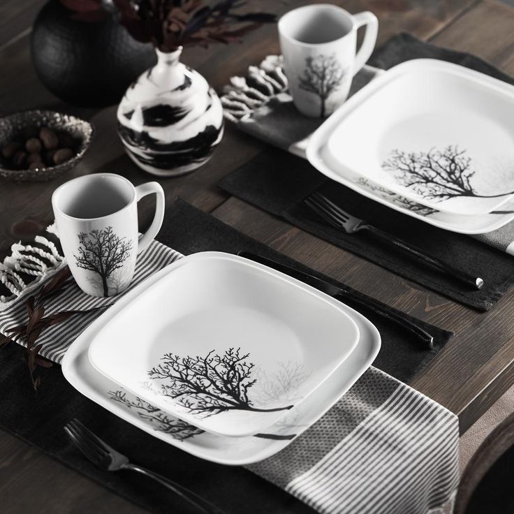 Square 16-Piece Seasonal Black Trees Glass Dinnerware Set (Service for 4)